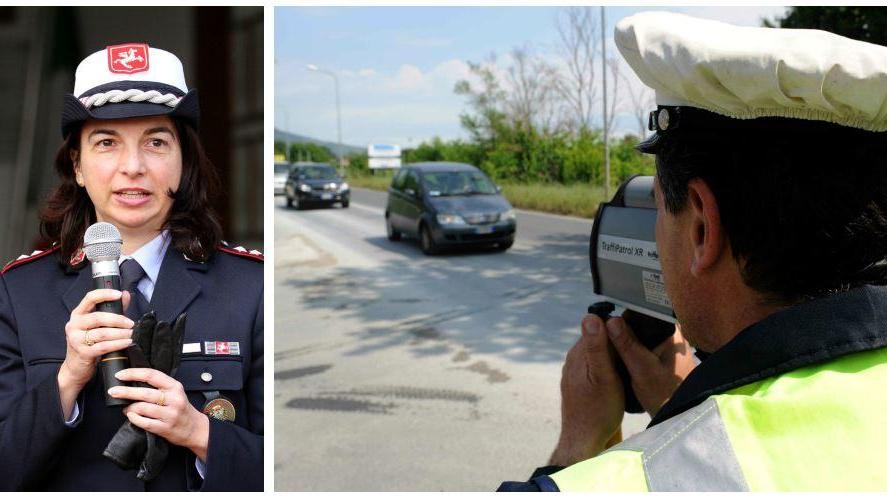 La comandante della polizia municipale dell’Unione Annalisa Maritan e un controllo col telelaser (foto d’archivio)