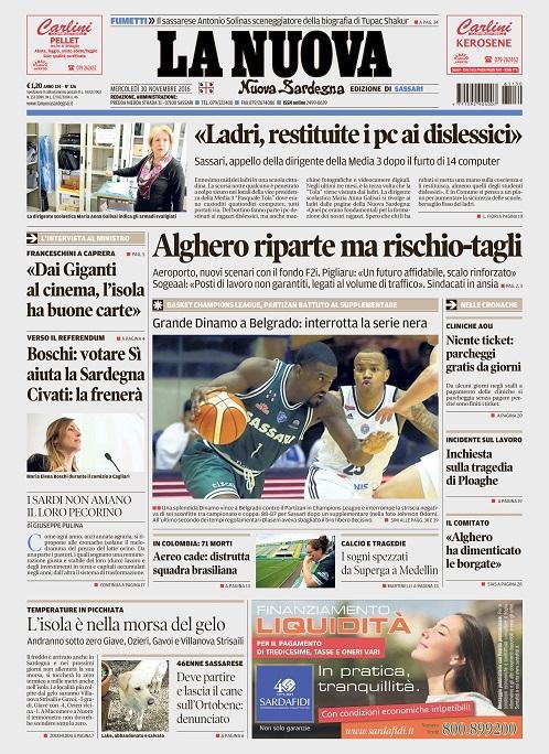 La prima pagina del 30 novembre 2016