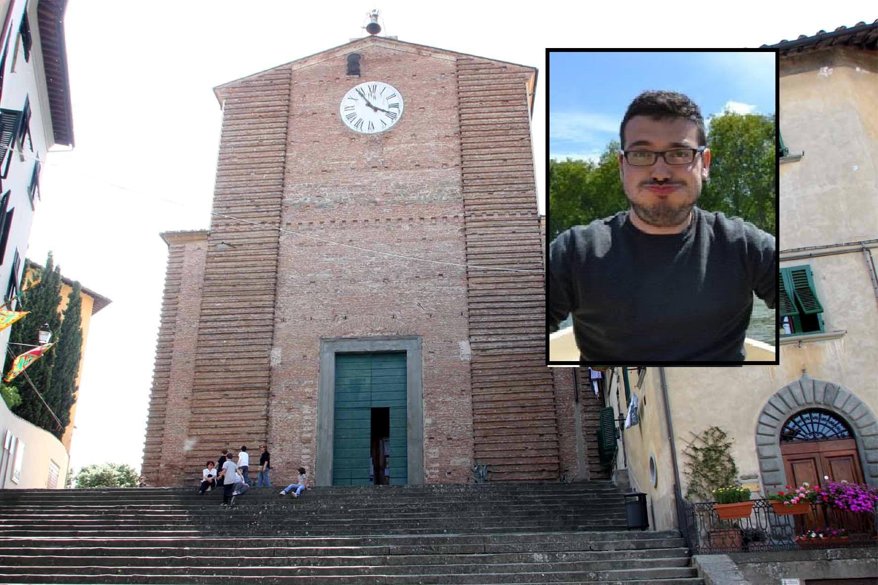 La Collegiata di Fucecchio e nel riquadro Davide Milli (foto da Facebook)