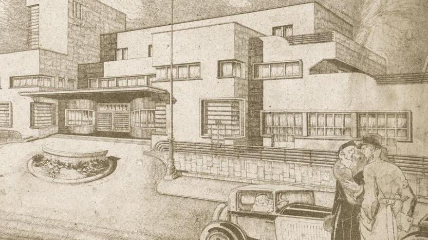 Il disegno di Angelo Misuraca di un grande albergo, mai realizzato, che avrebbe dovuto essere costruito in viale Umberto angolo viale Trento