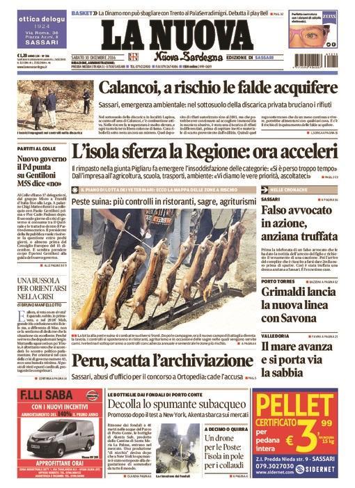 La Nuova Sardegna - Prima Pagina - 10 dicembre 2016