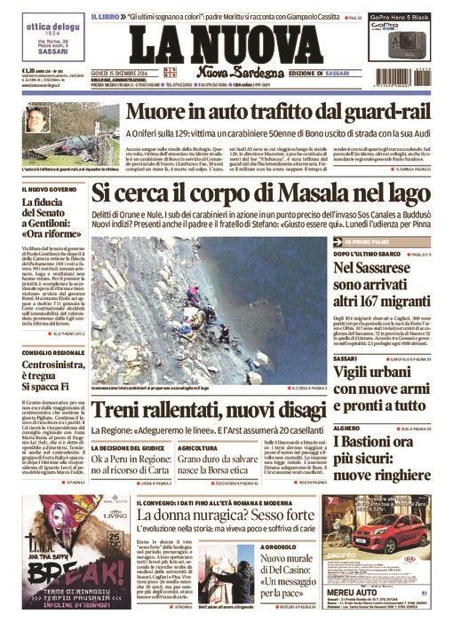 La Nuova Sardegna - Prima Pagina - 15 dicembre 2016