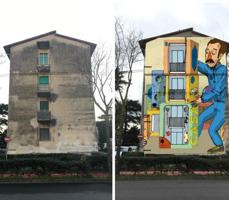 Da sinistra, lo stato attuale del palazzo e il progetto del murale
