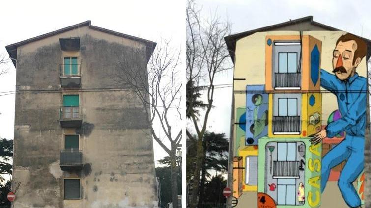 Da sinistra, lo stato attuale del palazzo e il progetto del murale