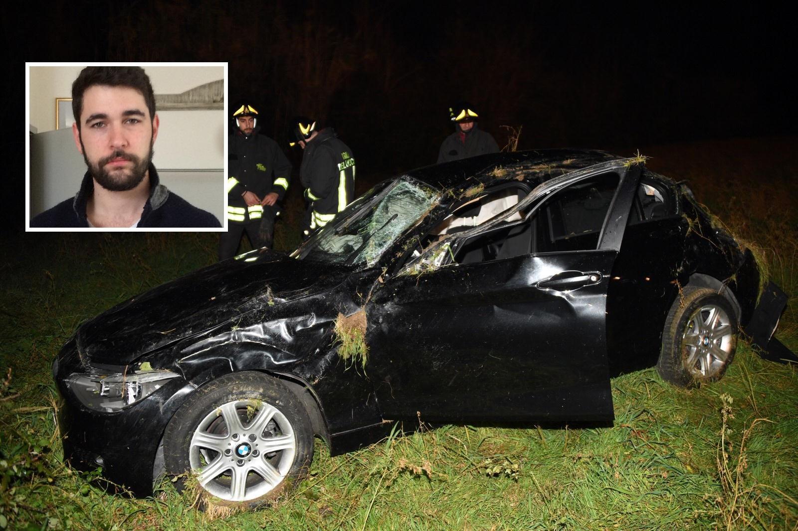 L'auto danneggiata nell'incidente e, nel riquadro, Carlo Savini (Foto Franco Silvi)