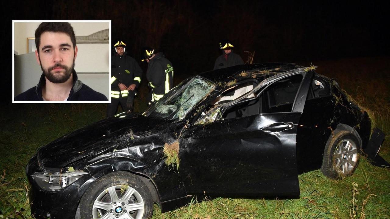 L'auto danneggiata nell'incidente e, nel riquadro, Carlo Savini (Foto Franco Silvi)