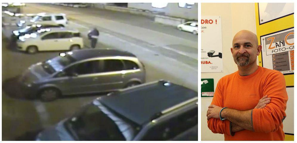 Il ladro in azione e a destra Roberto Marzi
