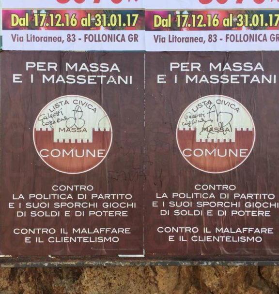 Offese nei confronti del consigliere Imbrattati i manifesti di Massa Comune