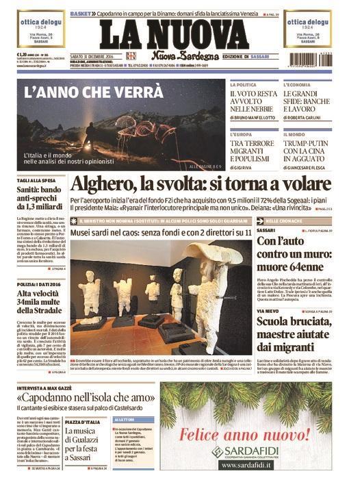 La Nuova Sardegna - Prima Pagina - 31 dicembre 2016