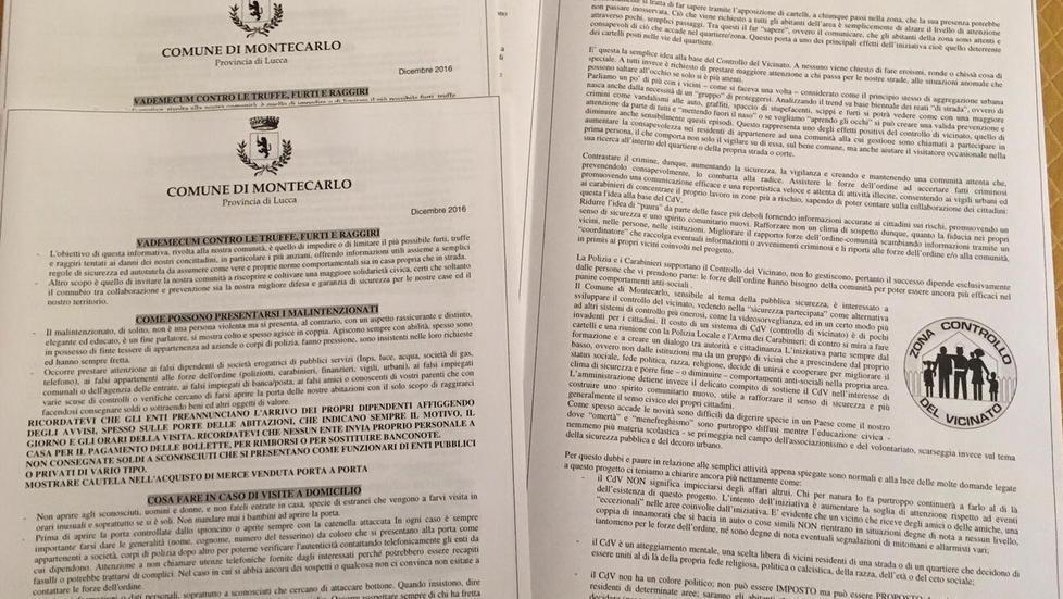 Un vademecum per la sicurezza a tutte le famiglie di Montecarlo 