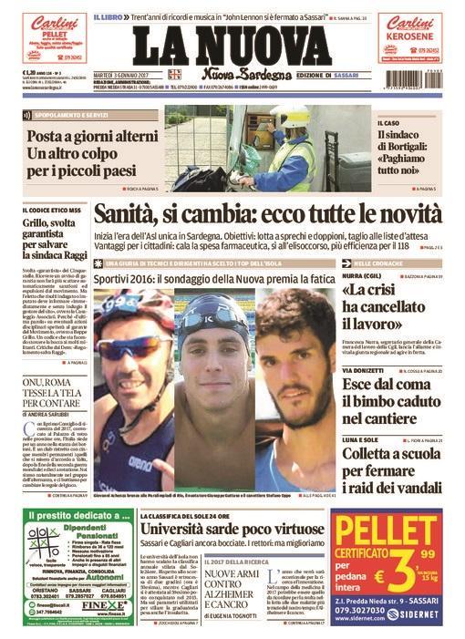 La Nuova Sardegna - Prima Pagina - 3 gennaio 2017