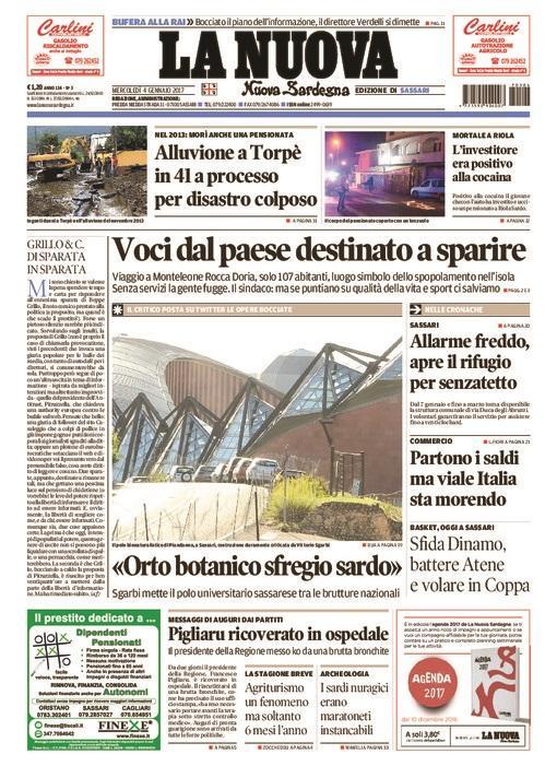 La Nuova Sardegna - Prima Pagina - 4 gennaio 2017