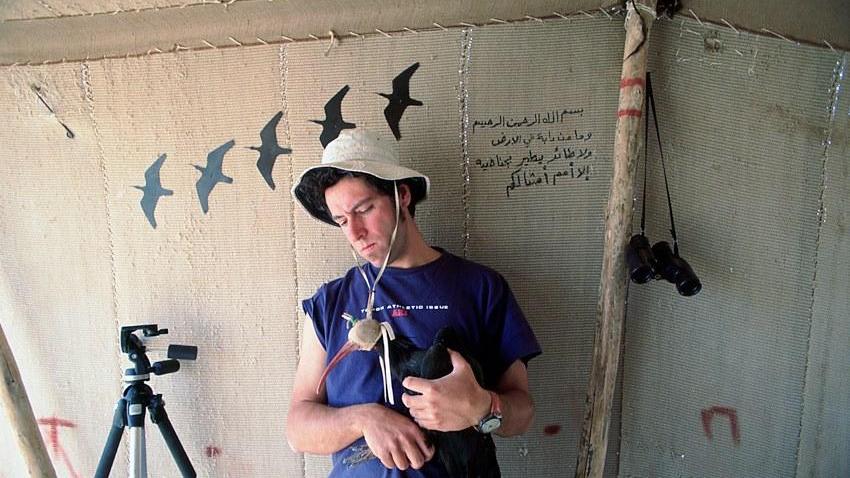 Gianluca Serra con un Ibis eremita