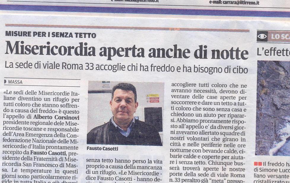 Senzatetto trova un ricovero alla Misericordia 