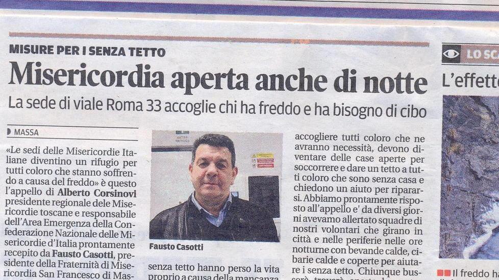 Senzatetto trova un ricovero alla Misericordia