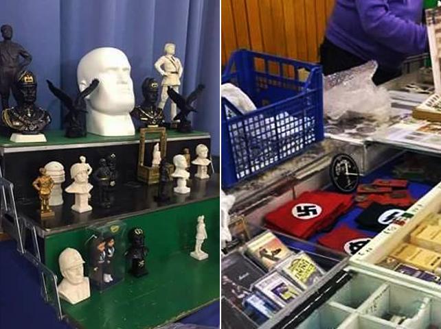 Alcuni gadget dedicati a Mussolini e altri con la svastica esposti nel weekend alla mostra scambio nel palazzo delle Esposizioni a Empoli