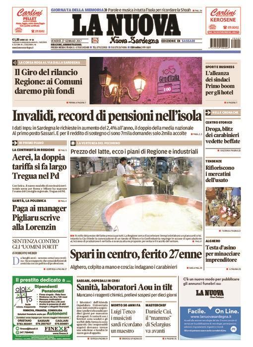 La Nuova Sardegna - Prima Pagina - 27 gennaio 2017