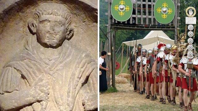 A sinistra la stele di Caius Largennius trovata a Strasburgo; a destra la riproduzione di una legione romana