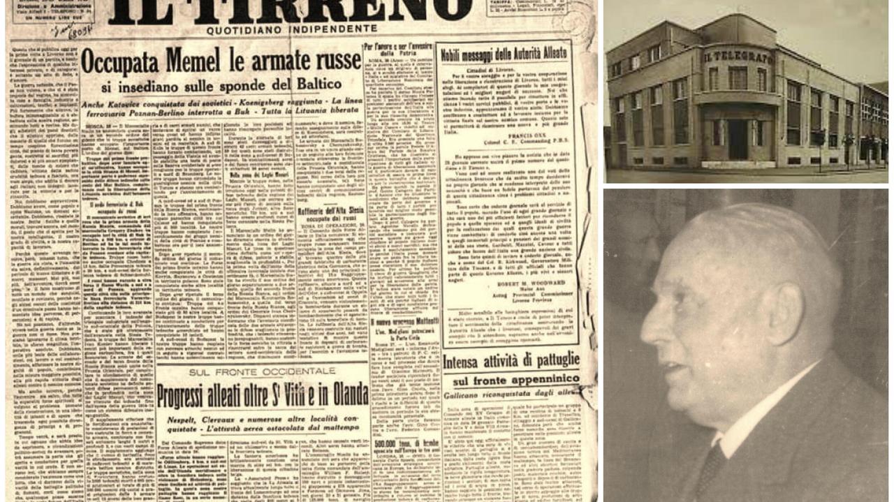 Il primo numero (un'unica pagina) del Tirreno del 28 gennaio 1945. A destra, una cartolina d'epoca fascista della sede centrale del Telegrafo-Tirreno a Livorno, e Athos Gastone Banti