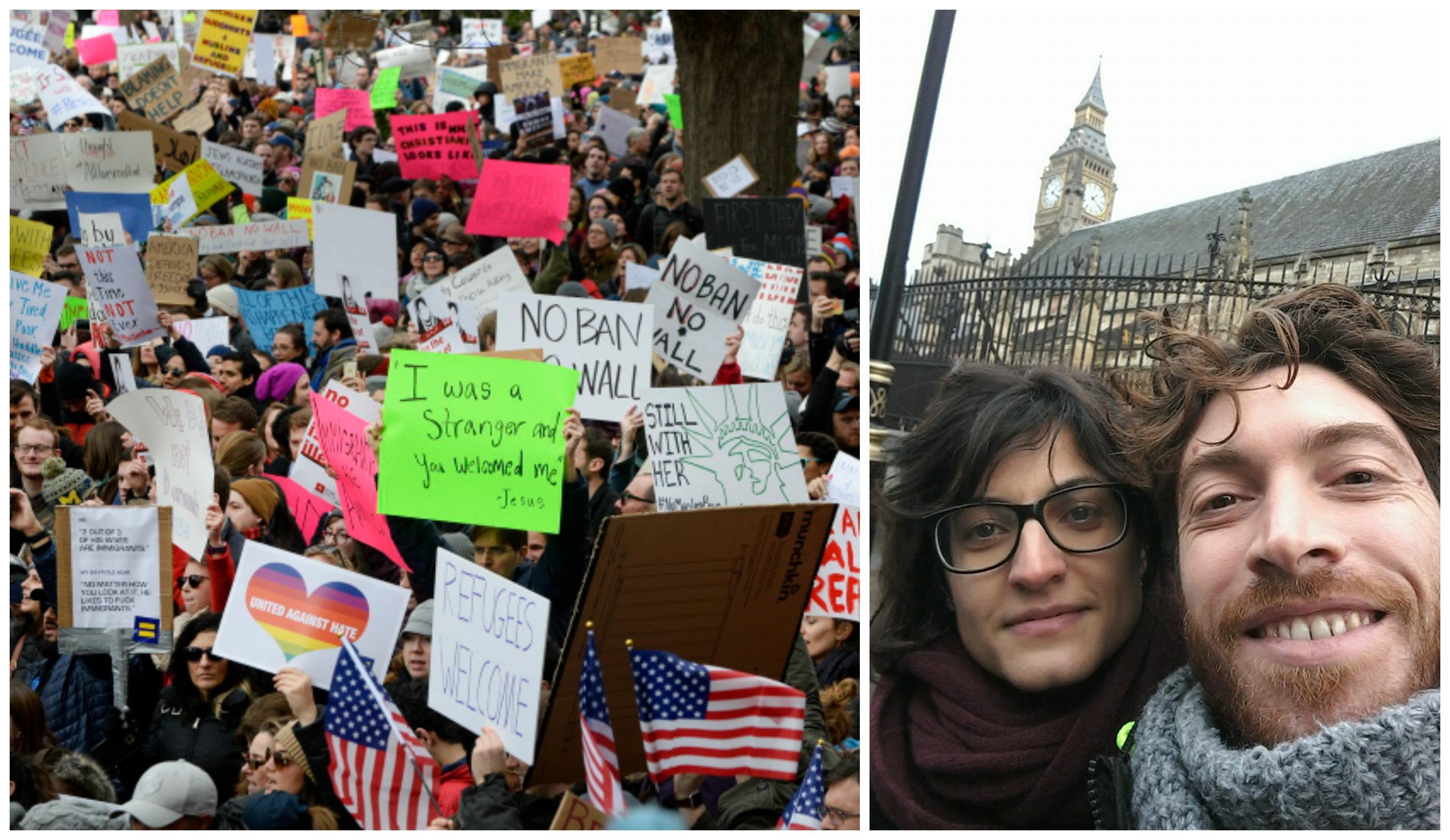 A sinistra proteste a Washington contro il bando anti-immigrati deciso da Trump. A destra, Hamaseh Tayari e Alessio Citi in un selfie a Londra 