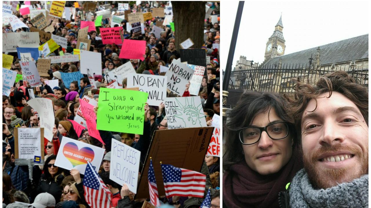 A sinistra proteste a Washington contro il bando anti-immigrati deciso da Trump. A destra, Hamaseh Tayari e Alessio Citi in un selfie a Londra