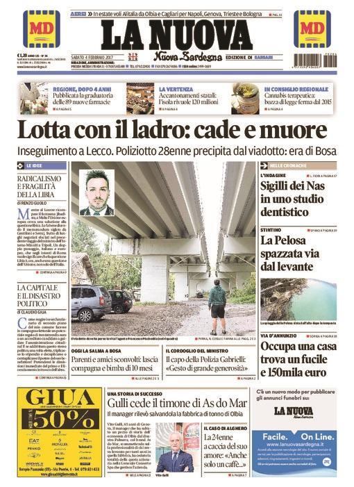 La Nuova Sardegna - Prima Pagina - 4 febbraio 2017