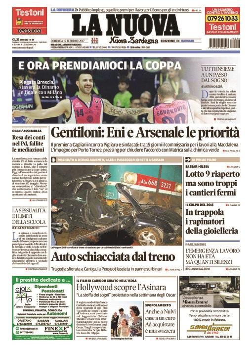 prima pagina - La Nuova Sardegna - 19 febbraio 2017