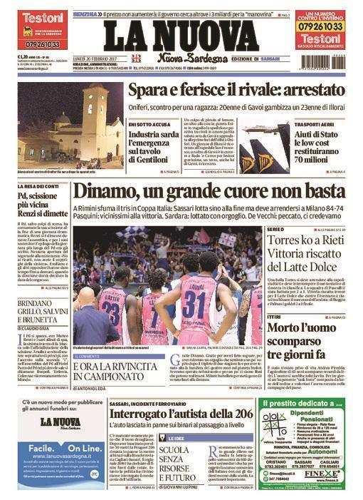 La Nuova Sardegna - Prima Pagina - 20 febbraio 2017