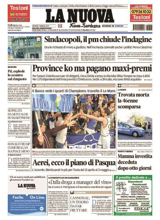 La Nuova Sardegna - Prima Pagina - 2 marzo 2017