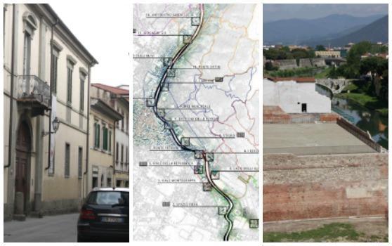 Da sinistra, palazzo Pacchiani, il tracciato di Riversibility e il Bastione delle forche