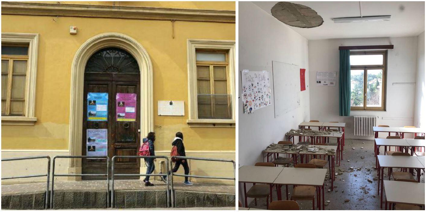 La scuola di via Fabiana e l'aula dove sono crollati i calcinacci
