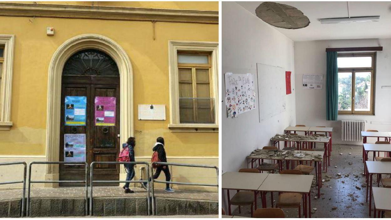 La scuola di via Fabiana e l'aula dove sono crollati i calcinacci