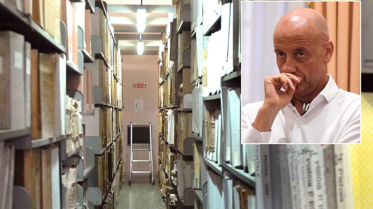 Un archivio storico e, nel riquadro, Michele Parrini