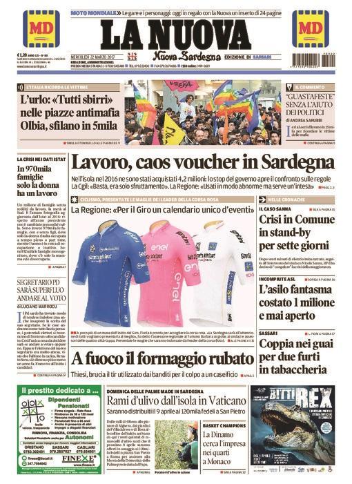 La Nuova Sardegna - Prima Pagina - 22 marzo 2017