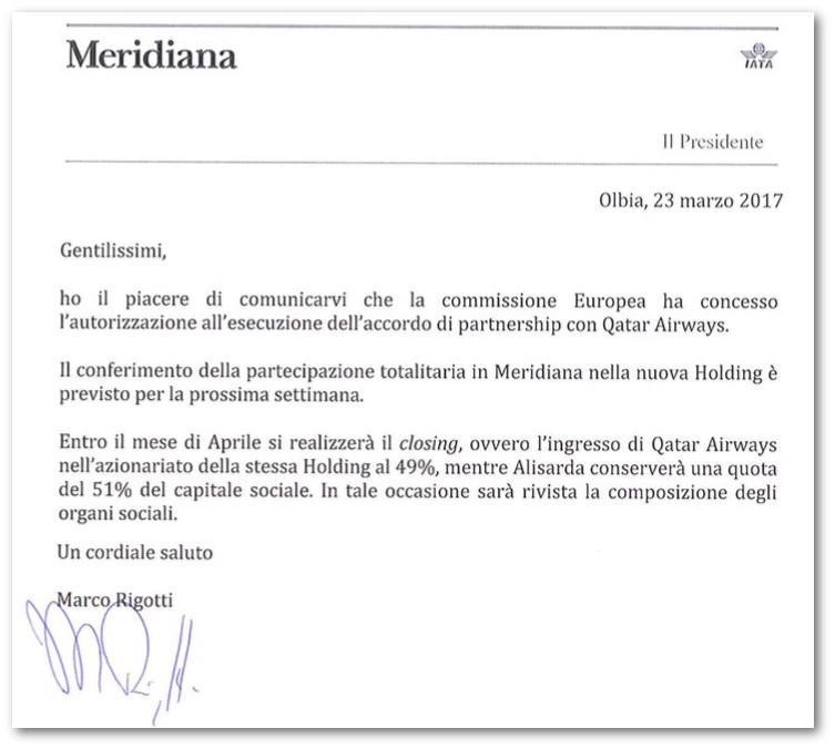 La lettera del presidente di Meridiana Rigotti ai dipendenti con cui annuncia l'arrivo di Qatar Airways