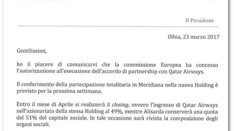 La lettera del presidente di Meridiana Rigotti ai dipendenti con cui annuncia l'arrivo di Qatar Airways