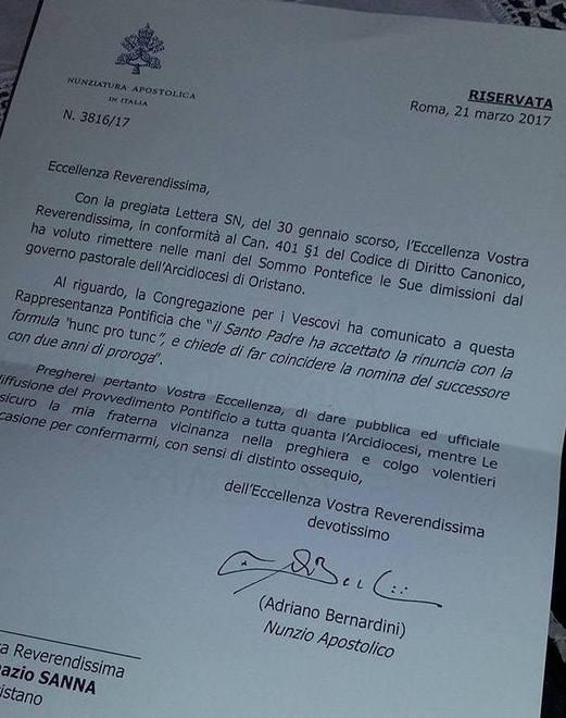 L’arcivescovo Sanna resterà fino al 2019 