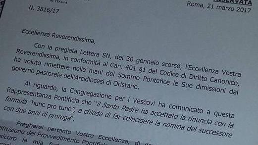 L’arcivescovo Sanna resterà fino al 2019