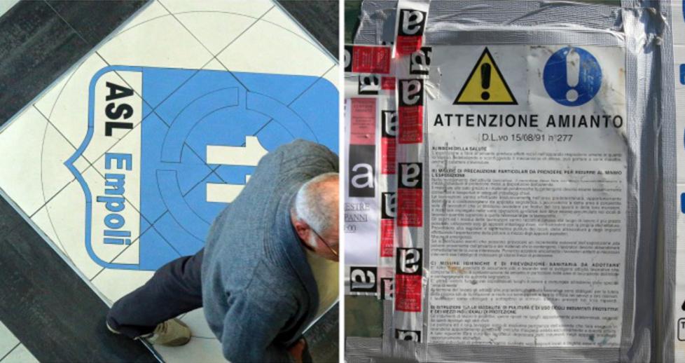 L’ingresso dell’Asl di via dei Cappuccini e un cartello per la presenza di amianto 