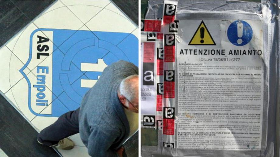 L’ingresso dell’Asl di via dei Cappuccini e un cartello per la presenza di amianto