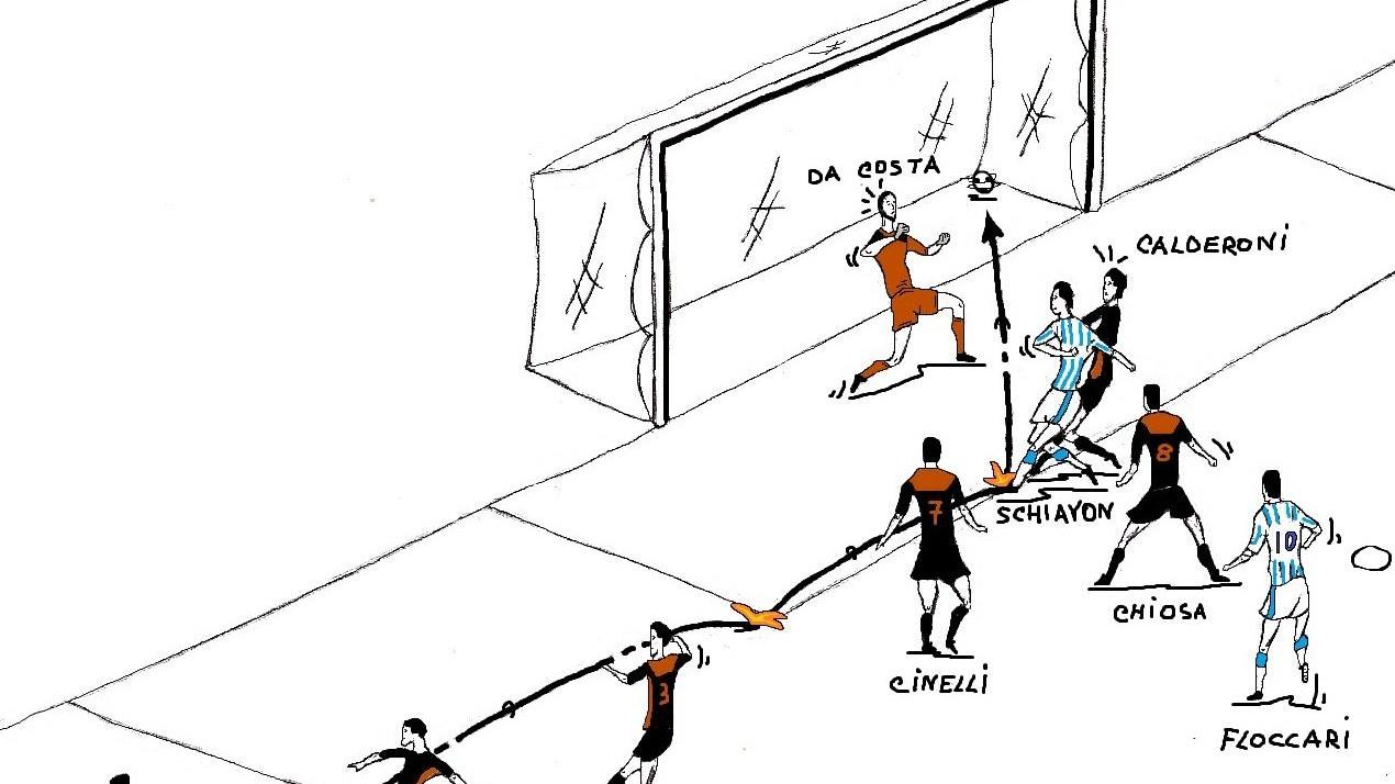 Nella vignetta di Carlo Tarantini il gol di Schiavon contro il Novare del 2 a 0 finale
