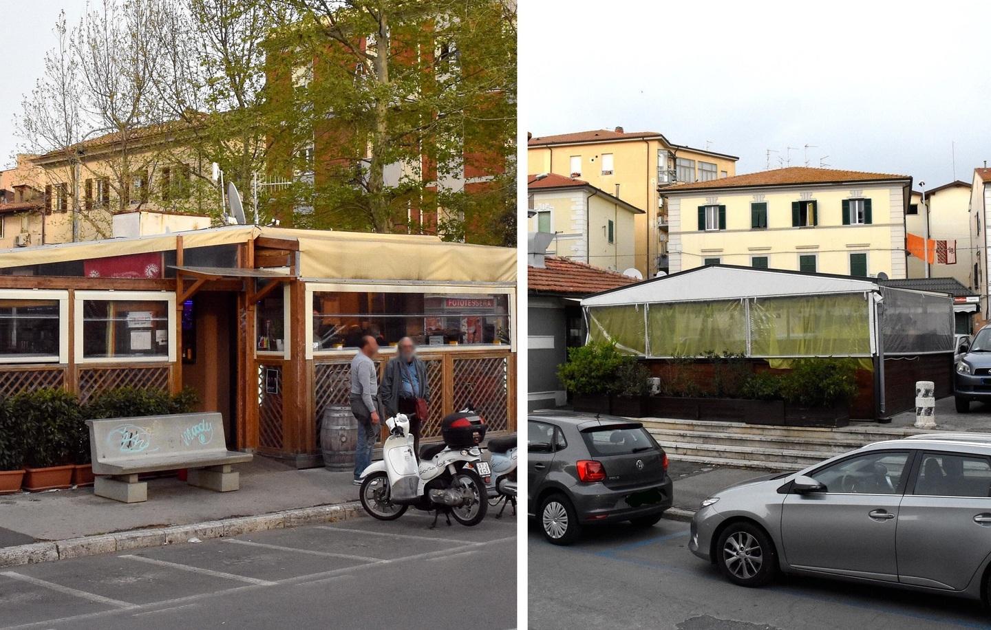 Il Fuoriporta di piazza De Maria e (a destra) la struttura esterna al servizio dell’Arcimboldo Gourmet Burger in piazza Tripoli (foto Bf) 