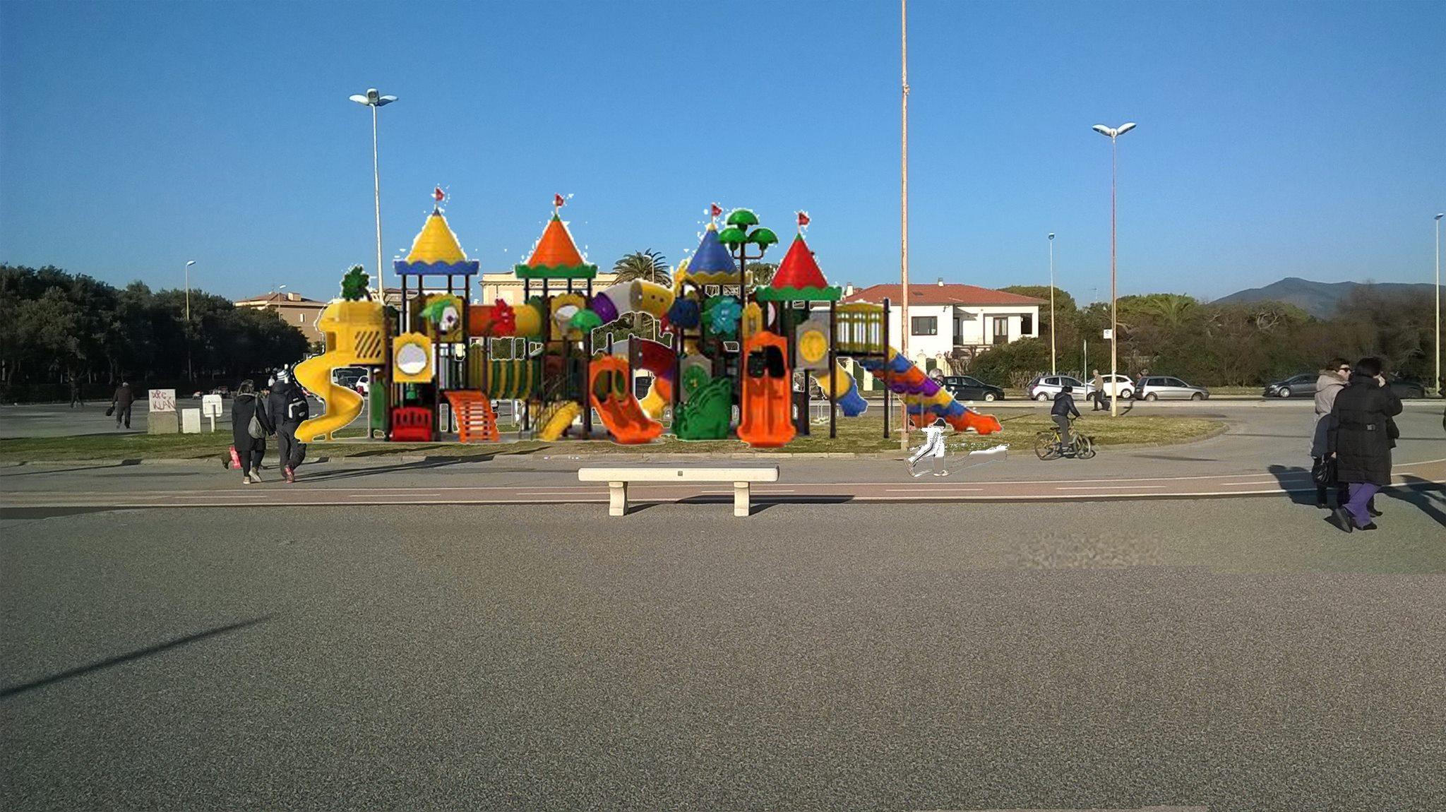 Il fotomontaggio di un parco giochi alla Rotonda fatto dai promotori della petizione
