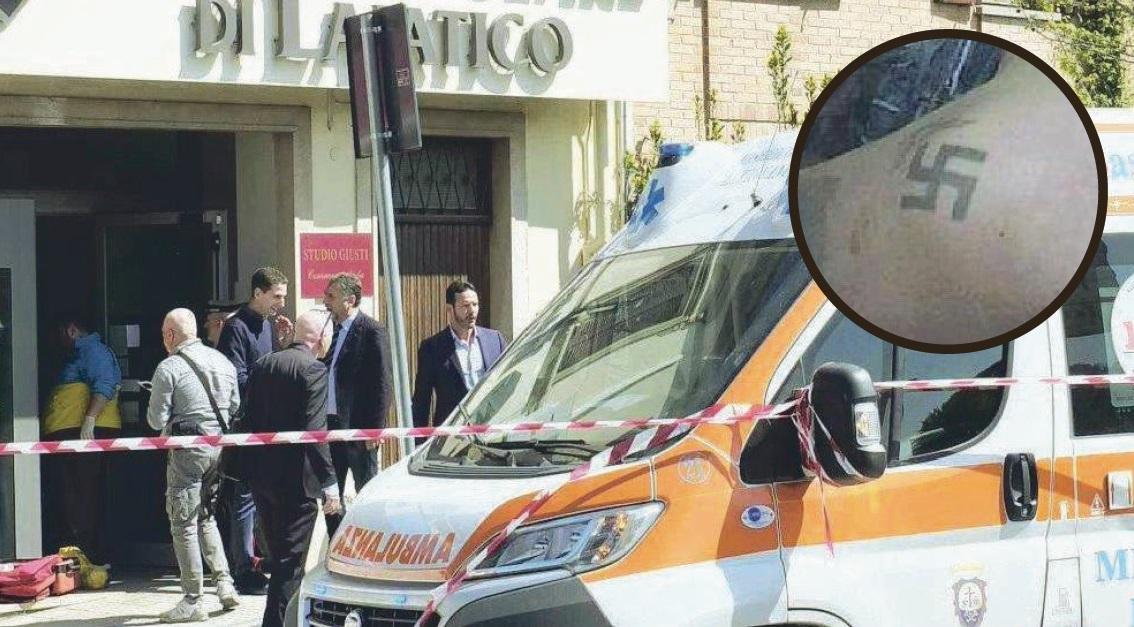 La Banca di Lajatico dove è morto il bandito durante la rapina. Nel tondo, la svastica tatuata sulla spalla