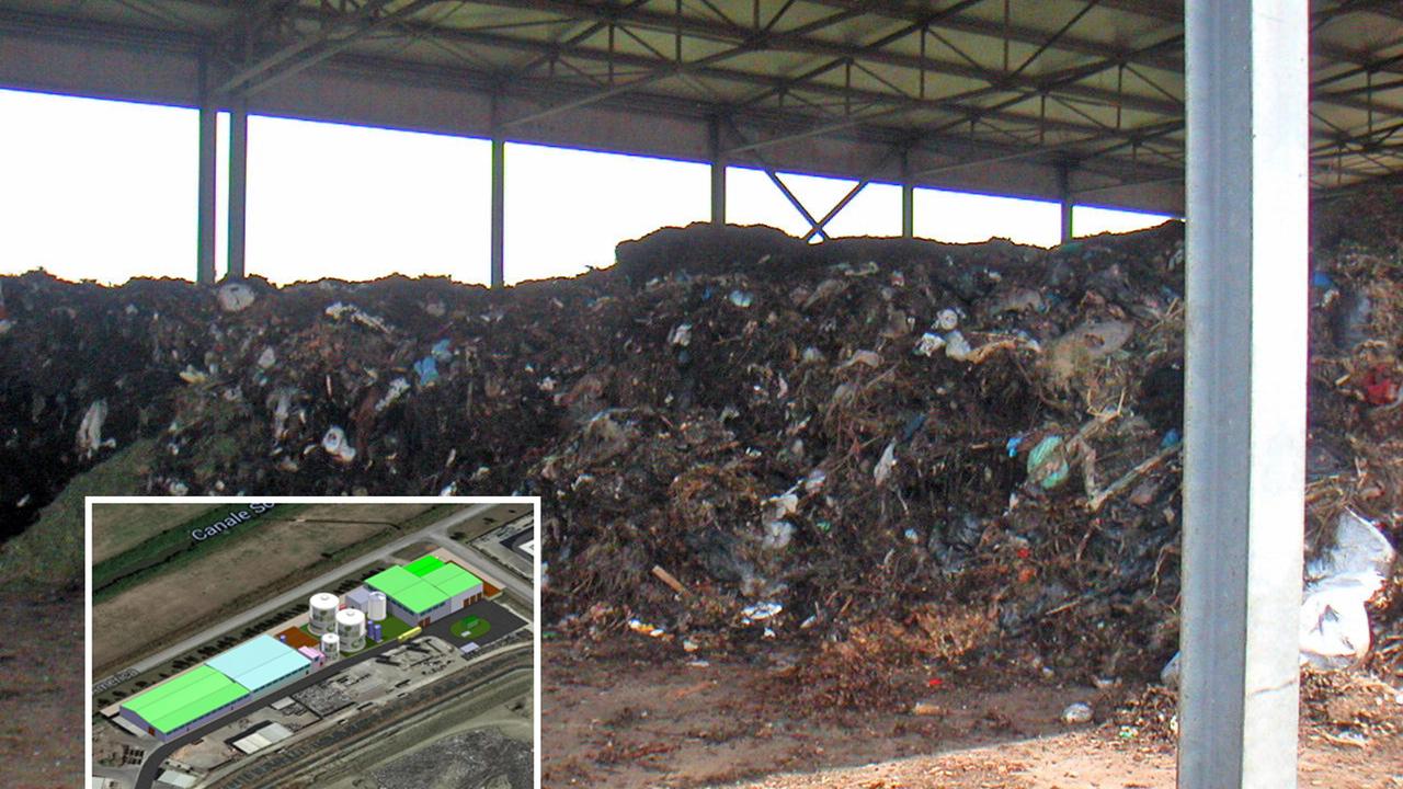 L'attuale impianto di compostaggio e, nel riquadro, il rendering del nuovo progetto