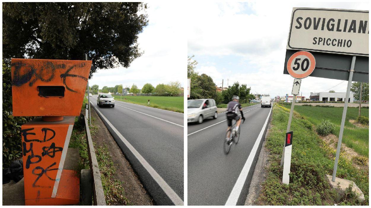 Il vecchio autovelox di fronte al campo sportivo e la zona dove sarà installata la nuova postazione (Foto Agenzia Carlo Sestini)