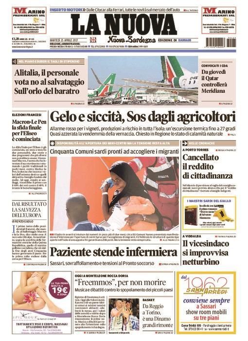 La Nuova Sardegna - Prima Pagina - 25 aprile 2017 