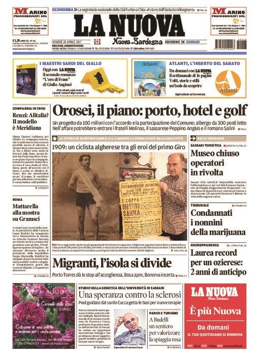 La Nuova Sardegna - Prima Pagina - 28 aprile 2017
