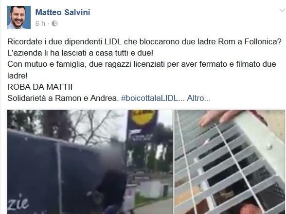 Salvini invita a boicottare Sindaca: «Vi cerco lavoro»