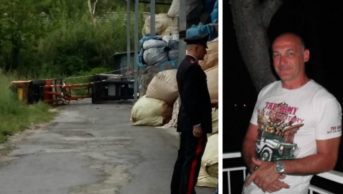 Il muletto all'esterno della Interfil. A destra Fabrizio Boccini, la vittima